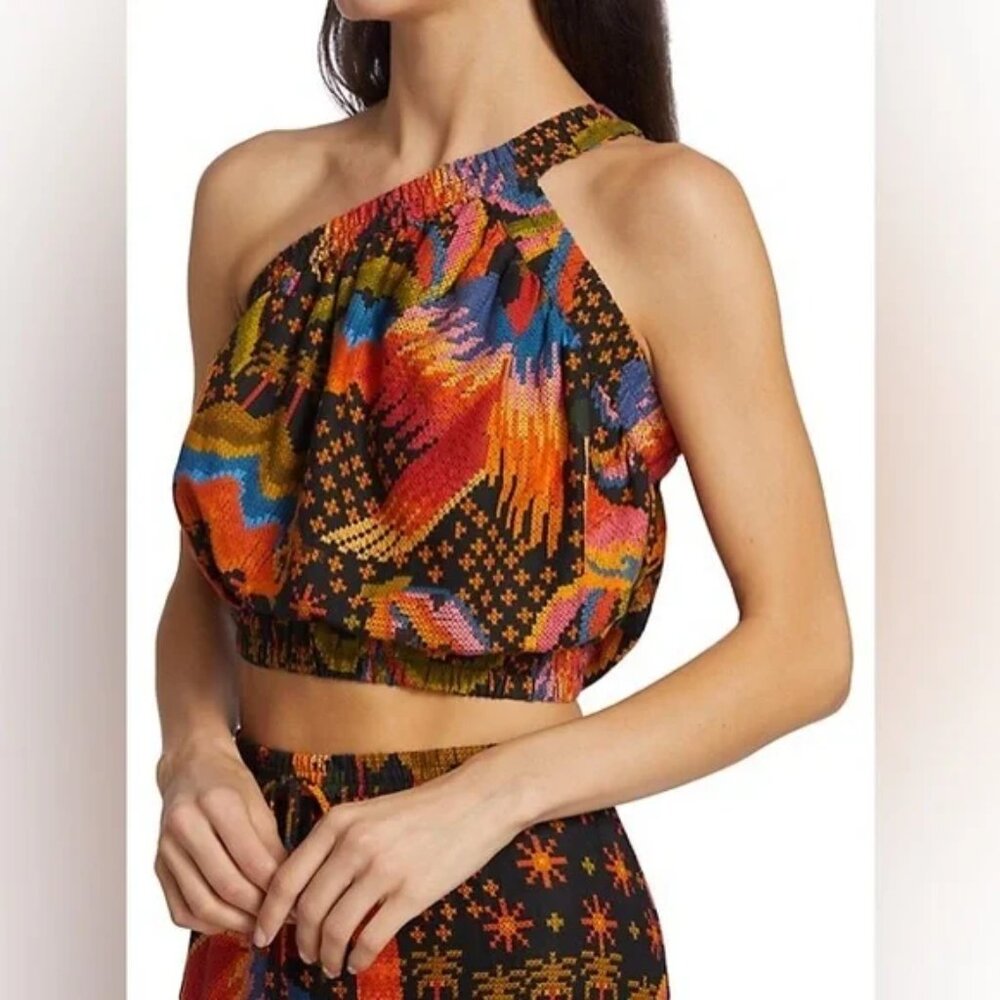NWT FARM Rio Top, S, One Shoulder Crop Macaw Island Linen Blend Tropical Summer